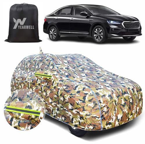 Image of Car Body Cover for Skoda Slavia, 100% Waterproof with Mirror & Antenna Pockets, Military Print Design, UV & Dust Protection, Triple Stitched, Sky Piping & Reflector (Jungle Print)