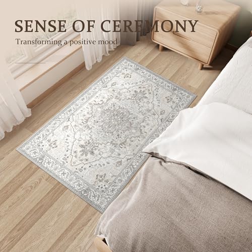 Deerly Vintage Area Rug 3x5 Small Entryway Rug Boho Thin Area Rugs for Living Room Non-Slip Lightweight Washable Rug for Kitchen Entryway Bedroom Dining Room Office, Beige/Multi