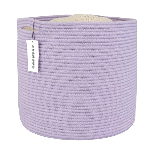Image of XUANGUO Cotton Rope Basket For Girls Boys Kids 16”X14” Baby Laundry Basket Nursery Bin Round Woven Baskets Organizer For Storage Toys Blankets Shoes Clothes purple