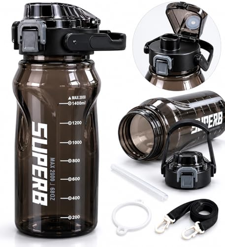 Image of Plastic Big Water Bottle 2 Liter with Straw Clear Motivational Time Marker Drink XL Jug with Handle for Sports Gym - Black