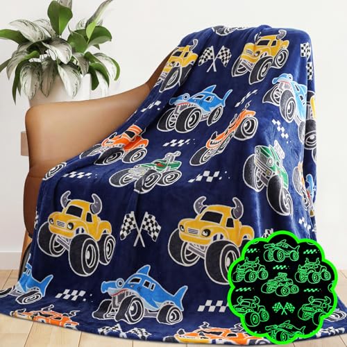 Image of GEULAY Construction Tractor Blanket for Kids, Cars Truck Theme Decor Fleece Throws for Couch, Birthday Gifts for Boys Age 3-12, Glow in the Dark Blankets for Boys Teens, 50x60 inches