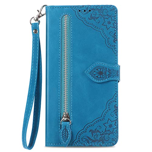 Monwutong Zipper Storage Design Wallet Case for Samsung Galaxy A73 5G, Skin Friendly Feel Leather Case with Magnetic Clasp and Muliti-Card Slots Holster for Samsung Galaxy A73 5G,SZY Blue