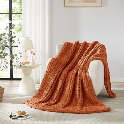 L'AGRATY Chunky Knit Blanket Throw: 72''x84'' Chenille Chunky Knitted Throw Blankets for Bed Couch - Handmade Thick Big Cable Knit Blanket - Large Crochet Rope Blankets for Home Decor(Rusty Orange)