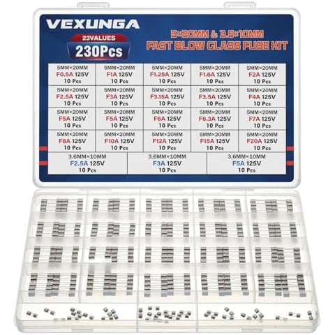 VEXUNGA 23Values 230pcs 125V Glass Fuses Kit 0.5A 1A 1.25A 1.6A 2A 2.5A 3A 3.15A 3.5A 4A 5A 6A 6.3A 7A 8A 10A 12A 15A 20A 5x20MM and 2.5A 3A 5A 3.6X10MM Mini Fuse for Fan String Christmas Lights Cover