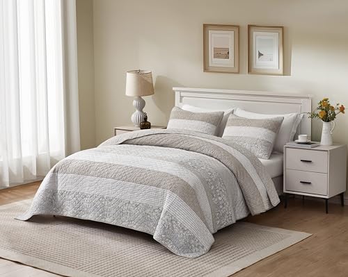 Chezmoi Collection Robyn 3-Piece Neutral Taupe Gray White Floral Hibiscus Flower Patchwork Striped Quilt Set - Pre-Washed Cotton Coverlet - Lightweight Reversible Bedspread, King Size - Image 2