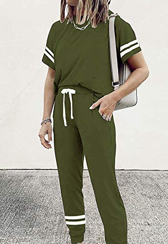 Image of PRETTYGARDEN Women's Two Piece Outfits Striped Short Sleeve Pullover and Long Pants Tracksuit Pajama Lounge Jogger Sets