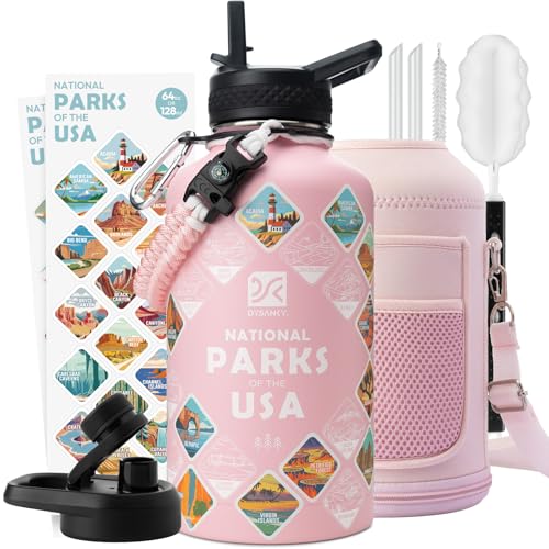 Insulated Water Bottle | Thickened Stainless Steel Vacuum Metal | Portable Sports Half Gallon Large Water Jug for Gym and Hiking with Straw, Carrier Bag, Handle Strap | BPA-Free 64 oz