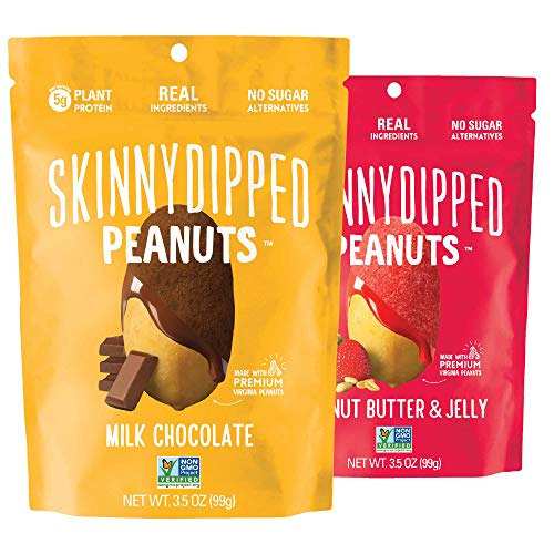 SKINNYDIPPED Peanuts Variety Pack, Milk Chocolate Covered Peanuts and Peanut Butter & Jelly Peanuts, 3.5 Ounce Resealable Bag, 5 Count