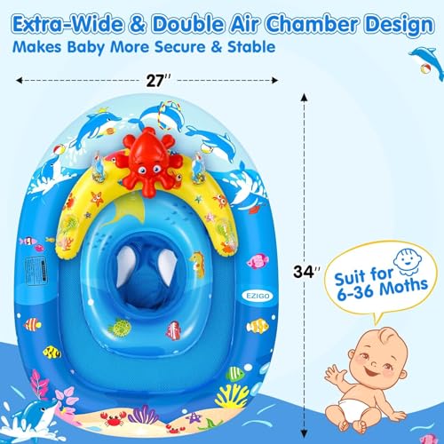 ezigo baby pool float with canopy upf50 sun protection inflatable kids pool floats with ocean animal toys for baby 6-36 months infant swimming float with adjustable safety seat for boys girls