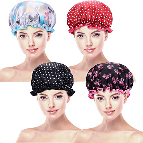 Blulu 4 Pieces Waterproof Shower Cap Bathing Cap Double Layered Shower Hat for Women Favors (Color Set 3)