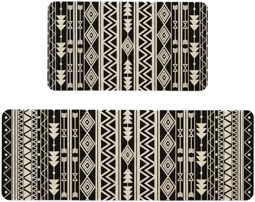 Black Boho Kitchen Mats Set of 2 Non Slip Black and White Farmhouse Kitchen Rugs Bohemia Home Decor Low-Profile Washable Floor Mat 17x47 Inch and 17x29 Inch