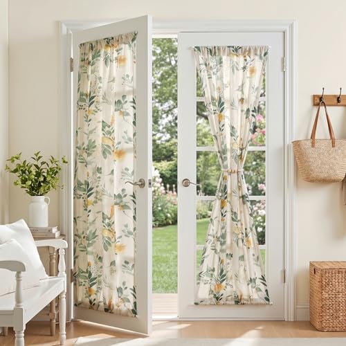 Image of MYSKY HOME Floral Linen Door Curtains Green Farmhouse 2 Panels Semi Sheer | Privacy Protect Door Window Curtains Doorway Light Filtering Rod Pocket Curtain Patio Glass Door, 26 inchW x 72 inchL Each Panel