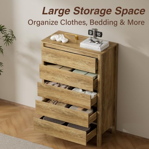 Image of Furniway 45 inch Tall 5 Drawer Wood Dresser for Bedroom with Legs, Natural Oak