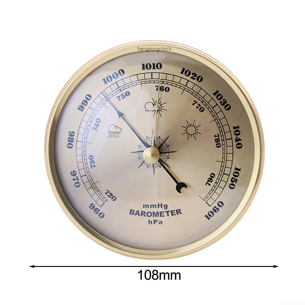 Zilimontt Barometro con telaio in metallo con manometro e orologio, per uso domestico, previsioni meteo e decorazione, meccanico senza batterie (108 mm)
