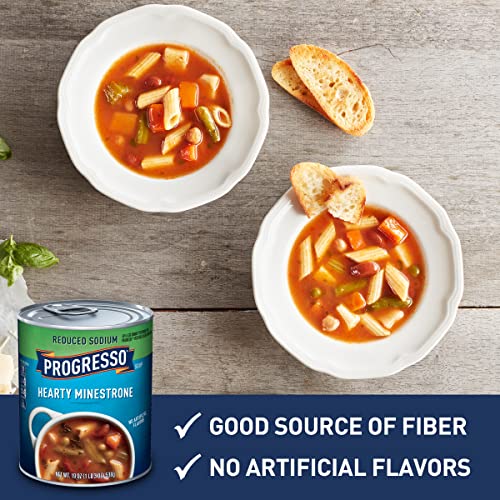 Image of Progresso Reduced Sodium Hearty Minestrone Canned Soup, Gluten-Free, 19 oz | 30% Less Sodium Reduced From 690mg to 480mg per Serving, Spinach, Tender Beans & Penne Rigate Pasta, Good Source of Fiber