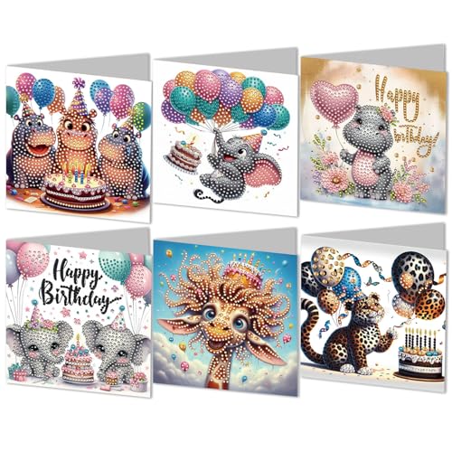 6 Pcs Diamond Art Birthday Cards & Making Kits For Adults Paper & Plastic DIY Greeting Cards With Envelopes Animal-Themed Crystal Art Cards Festival Gift Card For Birthdays (Multi-Colour) (Style 1)