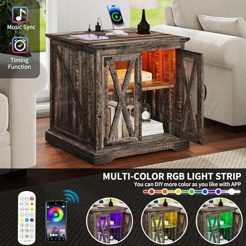 DWVO Farmhouse End Table, 24" Sofa Side Coffee Table with Charging Station and LED Lights, Nightstand with Adjustable Storage Shelf, Bedside Table for Living Room Bedroom, Dark Oak