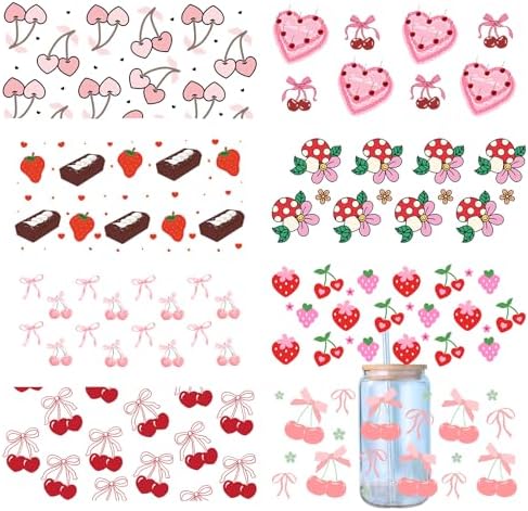 UV DTF Cup Wrap for 16 OZ - 8 Sheets Fruit UV DTF Sticker for Glass, Chocolate, Cherries, Strawberries, Mushrooms, Style Rub on Transfer, Gifts for Friend, Teacher