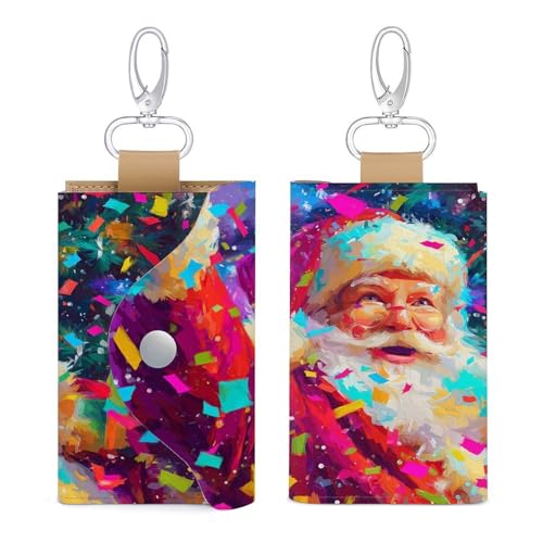 Happy Santa Claus Key Holder Bag PU Leather ID Card Holder Keychains Case Cover for Men Women3