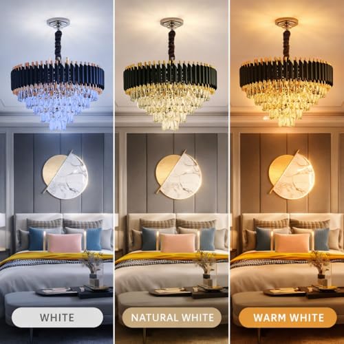 Image of One94Store Black Mamba Modern Crystal Chandelier Ceiling Light 600MM, Tricolour LED (Warm, Cool, Natural), Black & Gold Luxury Jhumar for Living Room, Dining, Bedroom