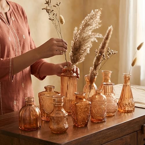 Image of TIED RIBBONS Glass Bud Vases for Flowers - Pack of 10 Antique Glass Centrepiece for Mini Flowers- Antique Collections for Floral Arrangements Home Decorations Item for Home Decor Item