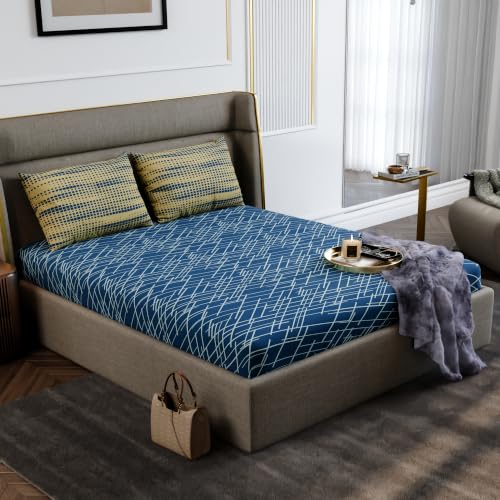 Image of Stoa Paris 100% Cotton King Size Fitted Bedsheet with 2 Pillow Covers, 180TC Printed Bedding Set, All-Season Comfort, Soft & Lightweight, Home Decor, Urbanscape - Cerulean Beams (182cmx198cm+30cm)