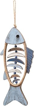 Wooden Fish Wall Decor, Antique Nautical Fish Decoration, Large Hand Carved Fishbone Wall Decor, for Mediterranean Beach Theme Living Room Home Bathroom Bedroom Color A