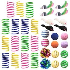 AGYM Juguetes para gatos de interior, 35 paquetes de juguetes interactivos para gatos con resortes coloridos, juguete de gato ratón, arrugado, sisal, pompón y bolas de campanas de color para gatitos