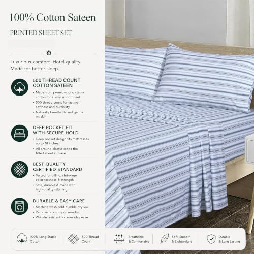 Image of Feather & Stitch Printed 500 TC Split King Size Sheet Set, 5 Piece Bed Sheets Set, 2 Twin Fitted Sheet, 1 King Flat Sheet & 2 King Pillowcases, 18 inch Deep Pockets Sateen Weave - Blue Stripe Print