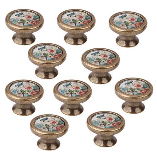 LOVIVER 10 Packs Bird Flower Pattern Door Knobs and Pulls for Kitchen Cupboard and Drawer, Antique Brass, 10packs