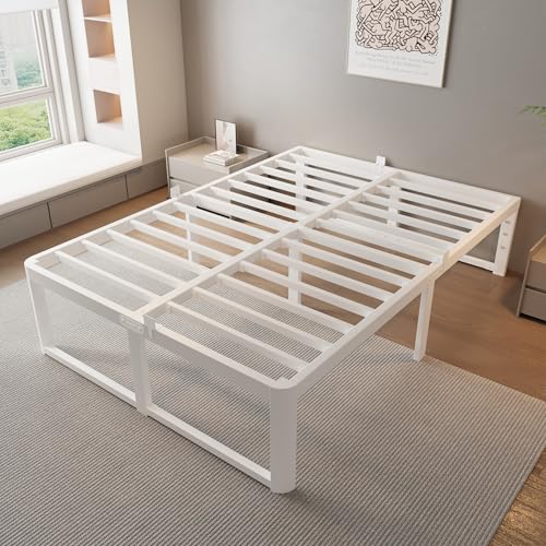 Image of ZTH King Size Metal Platform Bed Frame 16 in, No Box Spring Needed, White | Heavy duty support, Underbed storage, Noise-free design, Anti-slip clips, Rounded legs, Easy assembly, Headboard compatible
