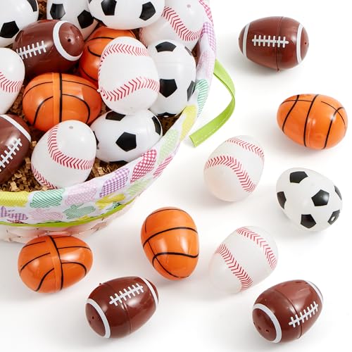 JOYIN 24 Pcs Plastic Easter Egg, 2.3' Assorted Sports Balls Egg Shells for Filling Specific Treats, Easter Theme Party Favor, Basket Stuffers Filler, Classroom Prize Supplies