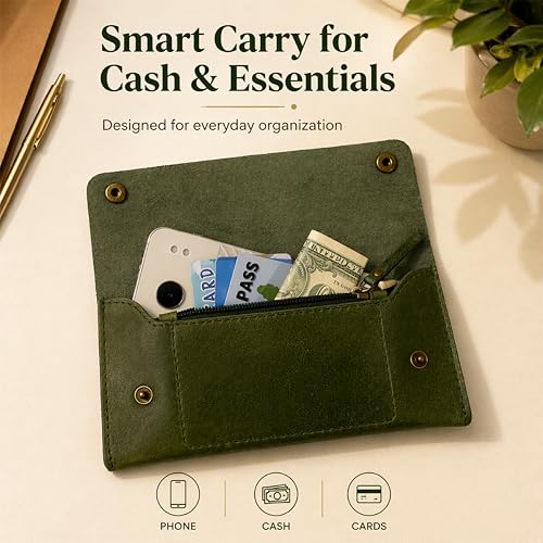 Image of Leather Currency Pouch - Handmade Cash Organizer with Double Button Closure & Zipper Pocket, Compact Money Holder for Travel & Everyday Use, 4 x 8 Inch (Green)