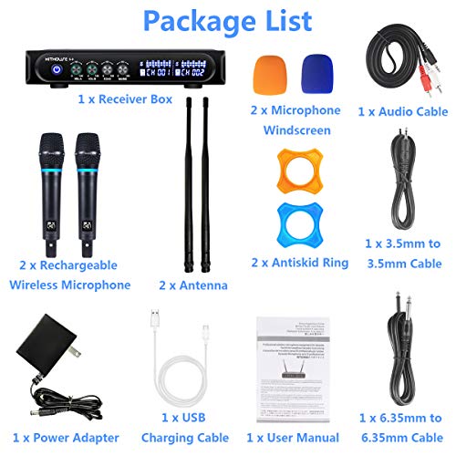 Kithouse S9 Uhf Rechargeable Wireless Microphone System Karaoke Microphone Wireless Mic Cordless Dual With Bluetooth Receiver Box + Volume Control Echo For Karaoke Singing Speech Meeting Church, 200Ft #TOP6