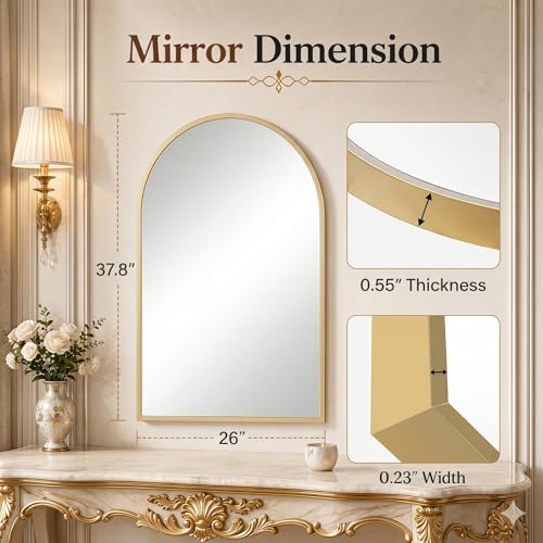 Image of 26 inchx38 inch Arched Gold Bathroom Mirror - Metal Framed with HD Shatter-Proof Glass, Wall-Mounted for Over Sink, Entryway, Living Room, Bedroom