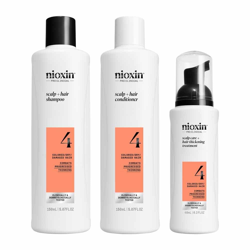 Nioxin Scalp + Hair Kit System 4 – Cuidado del cabello para cabello dañado, visiblemente más fino – Champú, acondicionador y tratamiento para el cuero cabelludo (150 + 150 + 40 ml)
