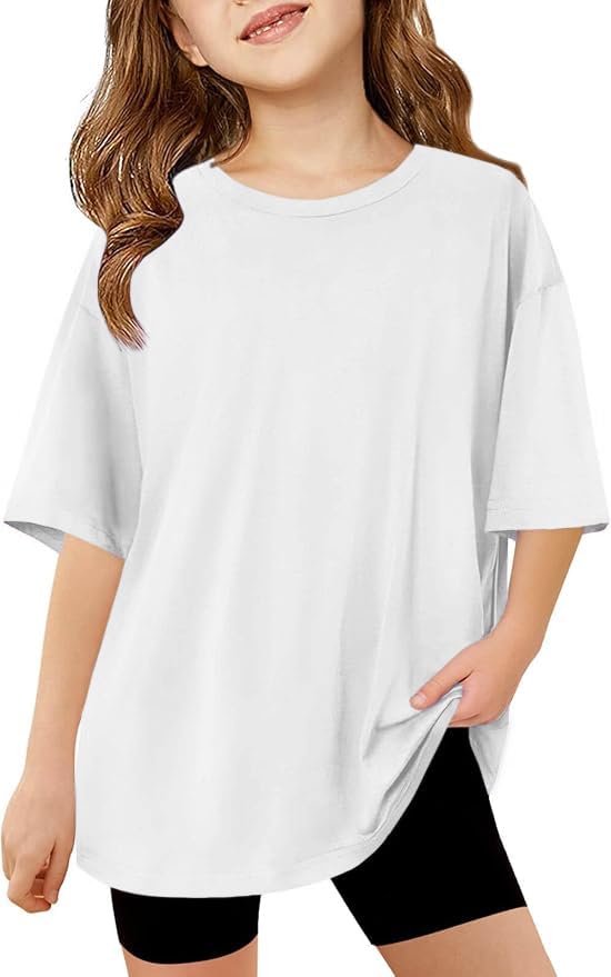 ZDC Girls Short Sleeve T Shirts Kids Summer Oversized Tops Trendy Crewneck Basic Tees 5-14 Years