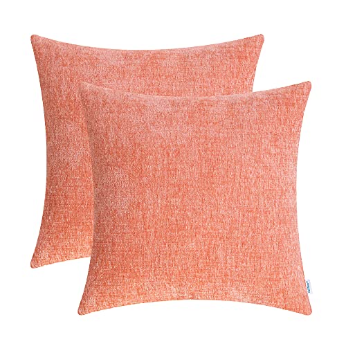 Image of CaliTime Pack of 2 Cozy Throw Pillow Covers Cases for Couch Sofa Home Decoration Solid Dyed Soft Chenille 22 X 22 Inches Cantaloupe