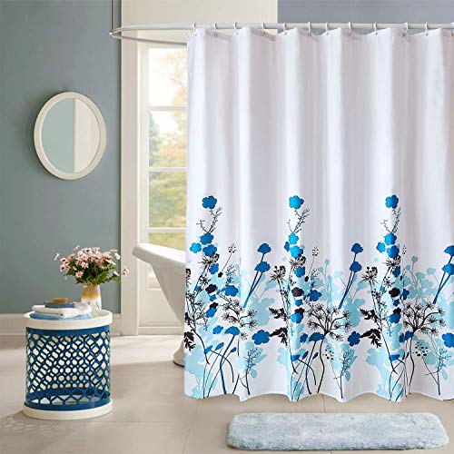 WedDecor Bathroom Shower Curtain Waterproof Mould Free Mildew Resistant, Heavy Duty 100% Polyester Fabric Curtains Liner Washable & Wipe Clean with 12 Curtain Hooks, Floral Blue, 180x180cm