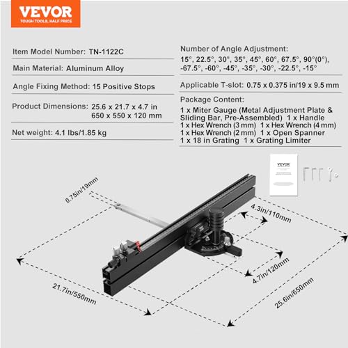 Image of VEVOR Precision Miter Gauge, Standard Slot 3 /4'' x 3 /8'', Aluminum Alloy Table Saw Miter Gauge with 24 in Grating 15 Angle Stops Adjustable Spring Loaded Plunger and Removable Disc, for Woodworking