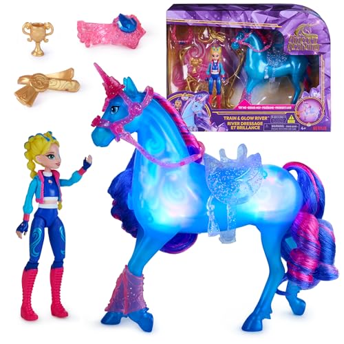 Academia Unicornio, Train & Glow River, Unicornio con Isabel, 3 Accesorios de Entrenamiento y Efectos de Luces, Juguetes de muñecas y Unicornios para niñas a Partir de 4 años