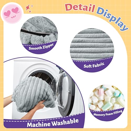 Image of HABUTWAY 2FT Bean Bag Chair, 2' Bean Bag Chairs with Memory Foam Filled, Small Comfy Beanbag Chair with Stripe Plush Cover for Living Room Bedroom Dorm,Light Grey