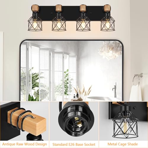 Image of FadimiKoo 4-Light Rustic Style Wood Bathroom Vanity Light Fixtures, Black Bathroom Lighting with Cage Metal Shade, Farmhouse Wall Sconces for Hallway, Bedroom, Dressing Table