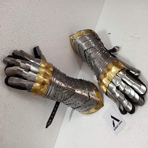 Image of AnNafi Armor Gauntlets Steel Gloves w Brass Accents Armor Pair, Medieval Knight Costume, Fully Wearable, Fully Functional Armor Gloves Warrior Metal Gauntlets Steel Crusader Cosplay Armour Costume