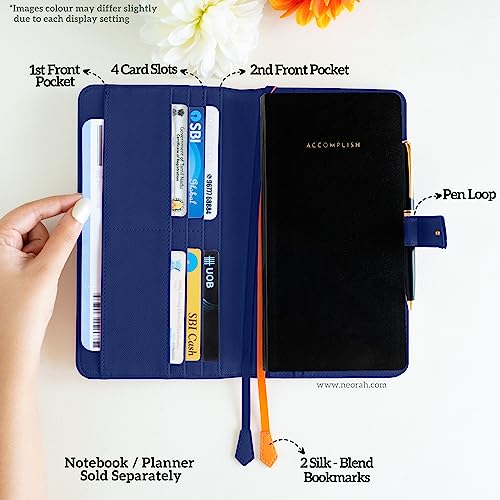 Image of NEORAH- PETITE Notebook SLEEVE with SNAP Button -[SLEEVE ONLY]|Vegan Leather|Office Diary Holder with Penloop|2 Front & 1 Back Pocket|4 Card Slots|2 BookMarks -Fits any PETITE Softcover - DARK BLUE