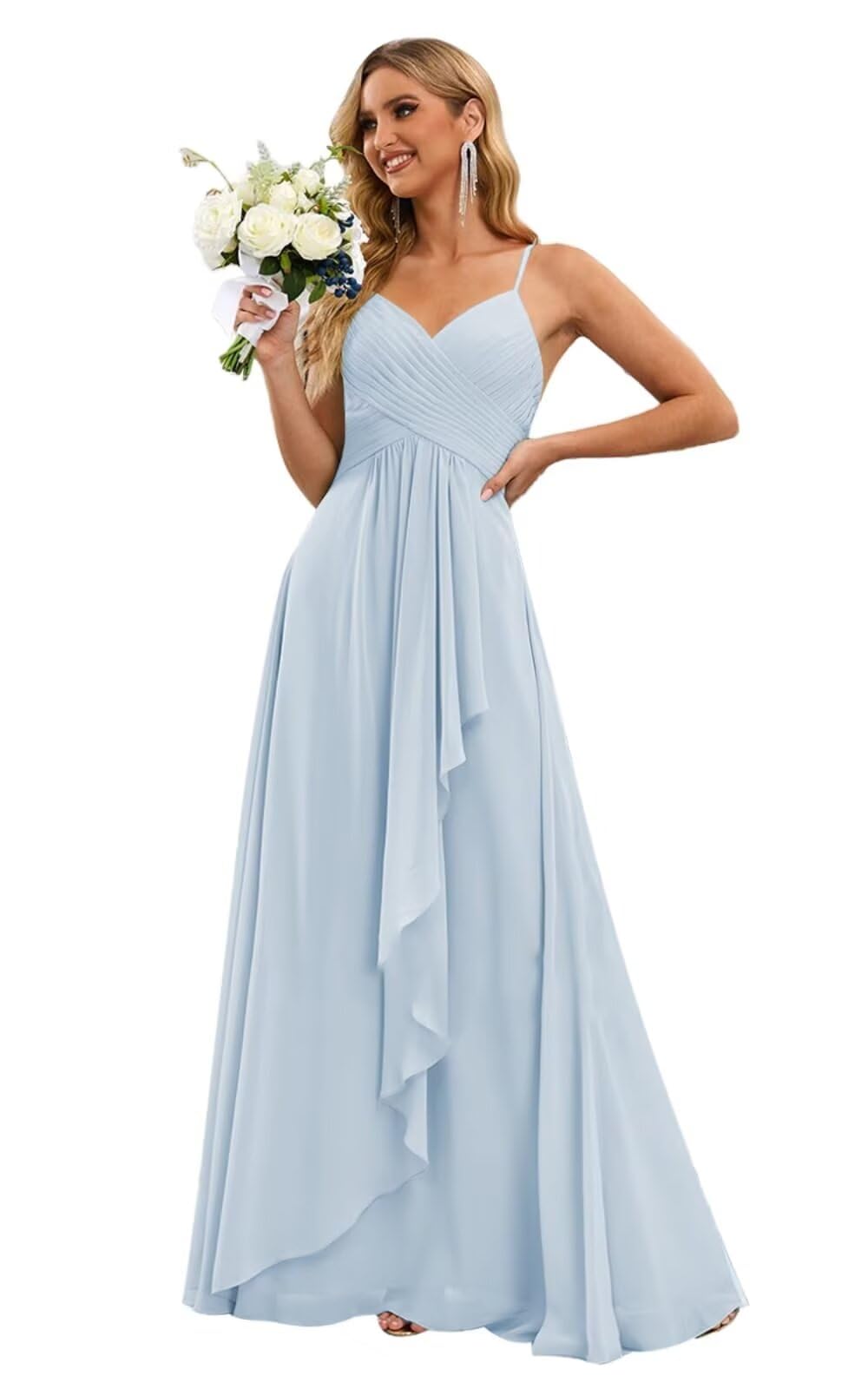 IONXUCA Spaghetti Straps Bridesmaid Dresses with Slit Ruffles Chiffon Prom Dress V-Neck Formal Gowns with Pockets NSY019