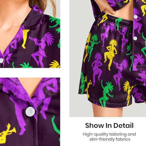 Image of Funny Pajamas for Women Set Print Satin Loungewear Pjs Short Sleeve Button Down Top and Shorts Sets Sleepwear XS-3XL