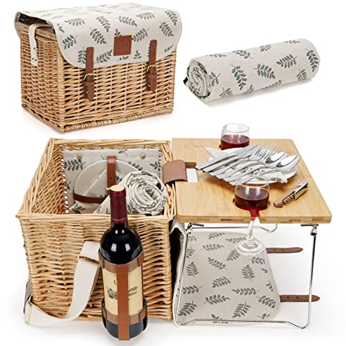 WILLOW WEAVE Picnic Basket with Table, Picnic Basket Set for 2, Willow Hamper with Wine Holder, Wicker Picnic Set with Blanket & Premium Tableware for Outdoor, Wedding, Anniversary, Birthday Gift