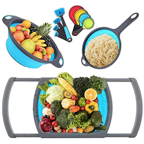 11 Pack Collapsible Colander Kitchen Essentials Over the Sink Colander Strainer Basket for Draining Pasta/Vegetable/Fruit（Blue）