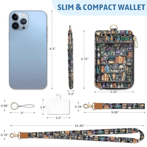 Goth Bookshelf Skull Lanyard Wallet with ID Badge Holder, Witchy Small RFID Wallet Women Keychain Wristlet, Slim Credit Card Holder with Zipper Pocket Phone Lanyard Wrist Strap Name Tag Office Teacher